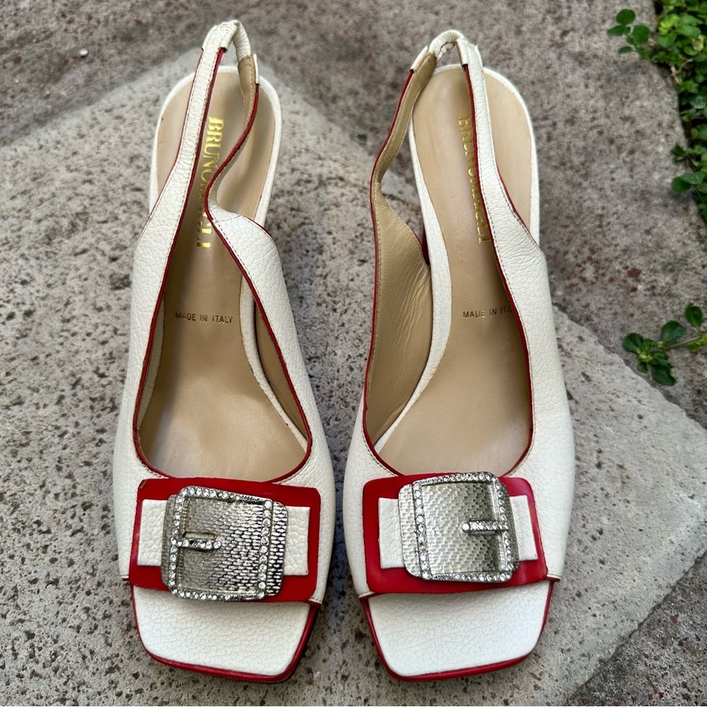 Vintage Bruno Magli Women's White Red Buckle Square Toe Leather Peep Toe Heels